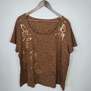 Coldwater Creek Floral Sequin Top Short Sleeve Casual Fairy Plus Size 2X